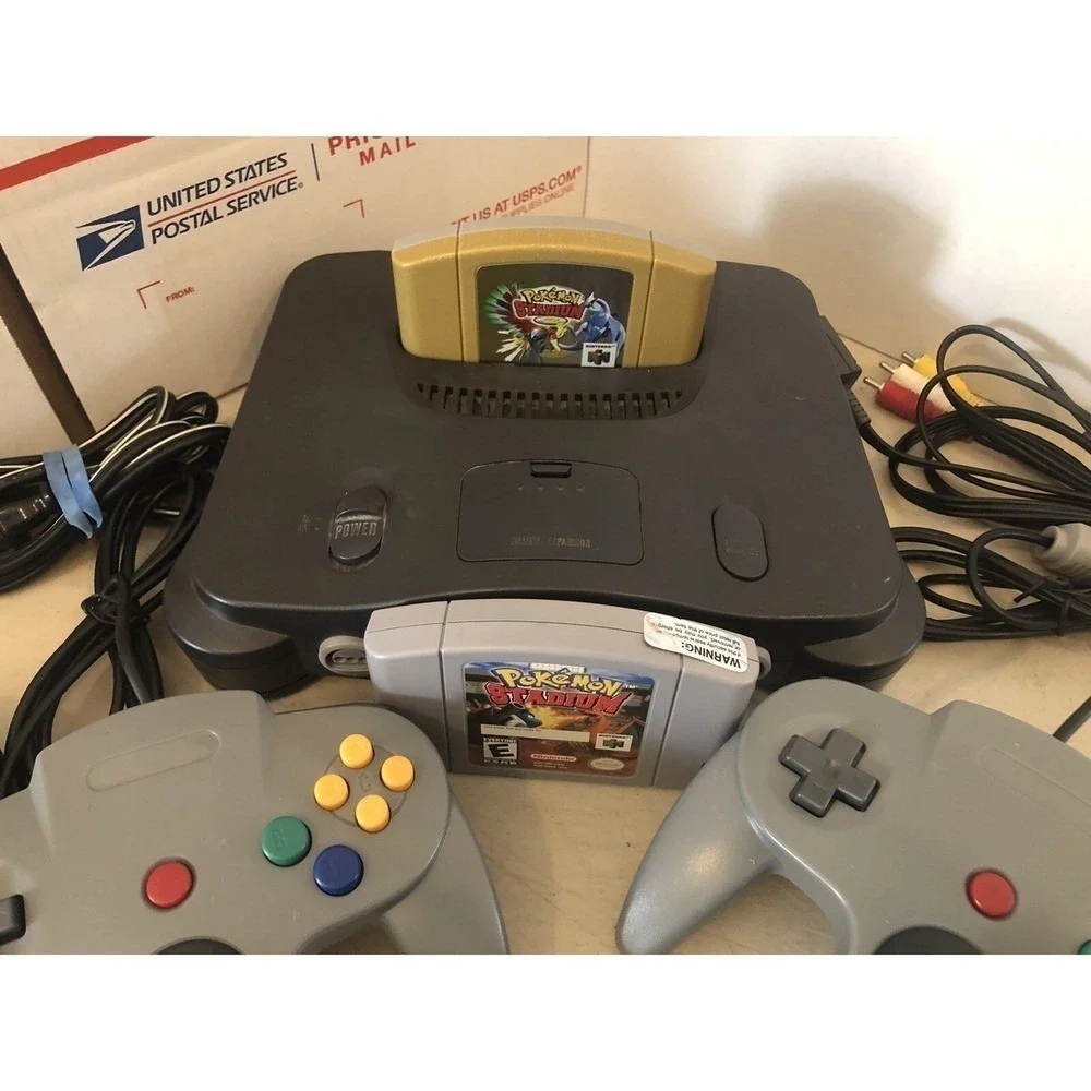 Nintendo 64 N64 Bundle + Cables +2 Controllers + Pokemon Stadium 1 & 2 tested